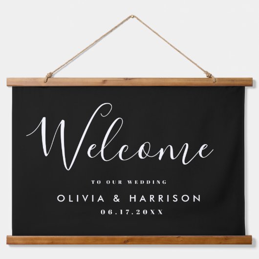 Elegant Script Black White Weduwen Welkom Hangend Wandkleed (Voorkant)