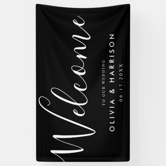 Elegant Script Black White Weduwen Welkomstteken Spandoek (Verticaal)