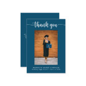 Elegant Script Blauw Afstuderen Foto Dank u Notitiekaartje (Voorkant / Achterkant in situ)