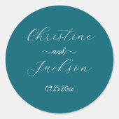 Elegant Script Blauw Blauwgroen bruiloft Ronde Sticker (Voorkant)