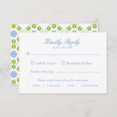 Elegant Script Blauw Bloemen Geometrische bruiloft RSVP Kaartje (Voorkant / Achterkant)