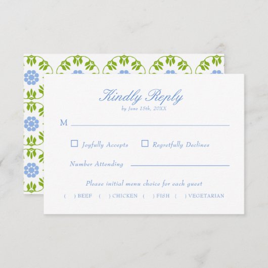 Elegant Script Blauw Bloemen Geometrische bruiloft RSVP Kaartje (Voorkant / Achterkant)