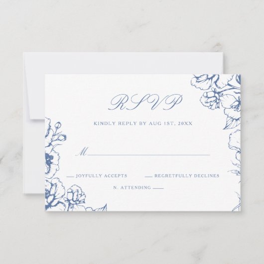 Elegant Script  Blauw Bloementuin Bruiloft RSVP Kaartje (Voorkant)