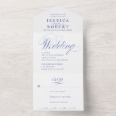 Elegant script blauw en wit kalligrafie bruiloft all in one uitnodiging (Binnen)