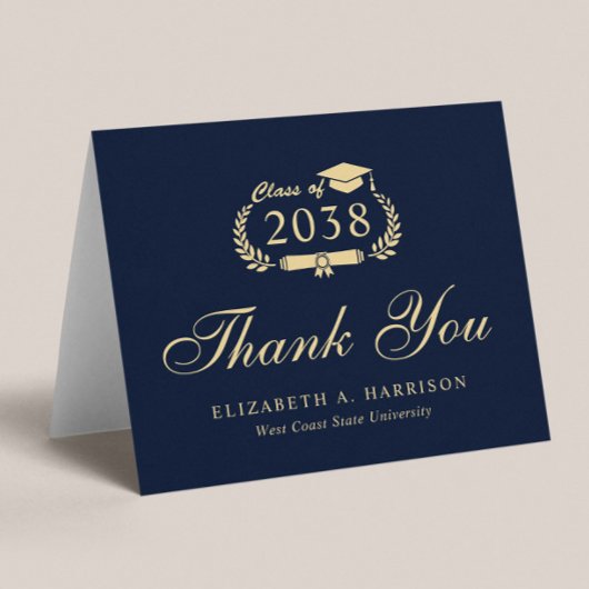 Elegant Script Blauw Goud Afstuderen Bedankkaart