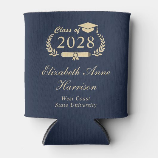 Elegant Script Blauw Goud Afstuderen Blikjeskoeler (Voorkant)