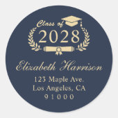 Elegant Script Blauw Goud Afstuderen Retouradres Ronde Sticker (Voorkant)