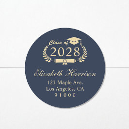 Elegant Script Blauw Goud Afstuderen Retouradres Ronde Sticker