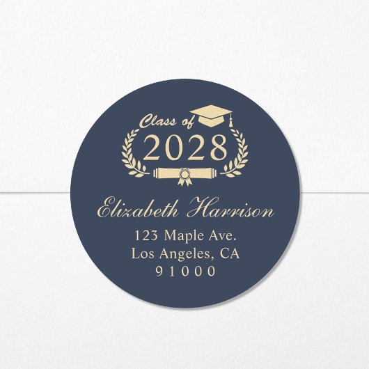 Elegant Script Blauw Goud Afstuderen Retouradres Ronde Sticker