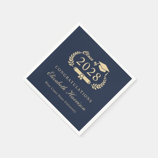 Elegant Script Blauw Goud Afstuderen Servet (Hoek)