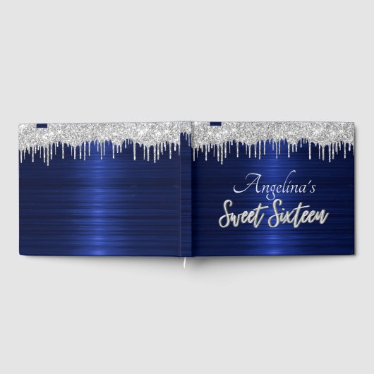 Elegant Script Blauw Metallic Zilver Glitter Gast Gastenboek (Volledig)