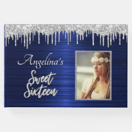 Elegant Script Blauw Metallic Zilver Glitter Gastenboek