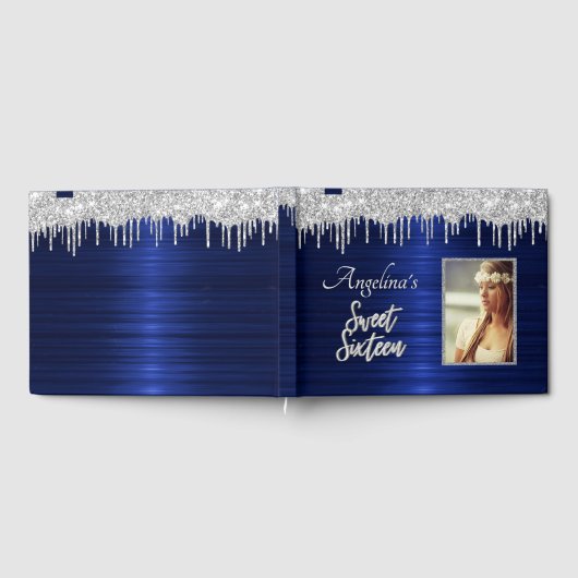 Elegant Script Blauw Metallic Zilver Glitter Gastenboek (Volledig)