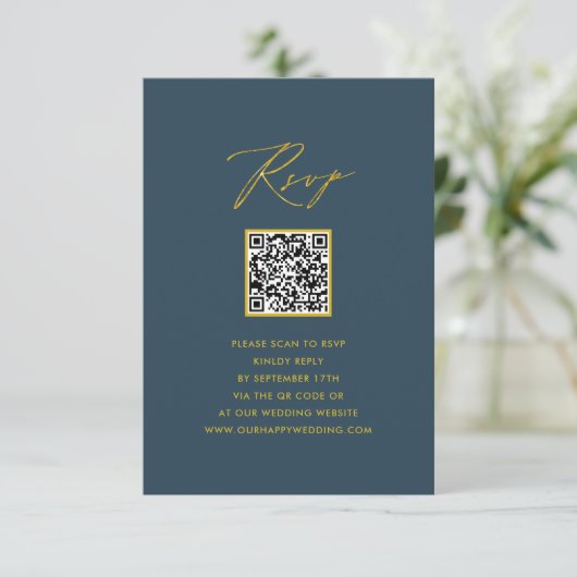 Elegant Script Blauw Minimalistisch QR Bruiloft RS RSVP Kaartje (Staand voorkant)