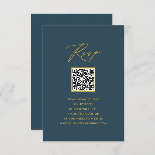 Elegant Script Blauw Minimalistisch QR Bruiloft RS RSVP Kaartje (Voorkant / Achterkant)