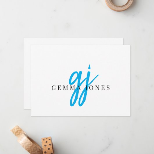 Elegant Script Blauw Monogram Initialen Naam Notitiekaartje (Voorkant / Achterkant in situ)