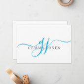 Elegant Script Blauw Monogram Initialen Naam Notitiekaartje (Voorkant / Achterkant in situ)