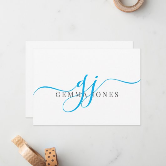 Elegant Script Blauw Monogram Initialen Naam Notitiekaartje (Voorkant / Achterkant in situ)