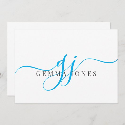 Elegant Script Blauw Monogram Initialen Naam Notitiekaartje (Voorkant / Achterkant)