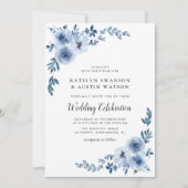 Elegant script blauwe bloemen bruiloft kaart (Voorkant)