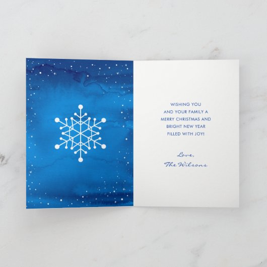 Elegant script Blauwe sneeuw Vrolijke kerstfoto Feestdagen Kaart (Binnen)