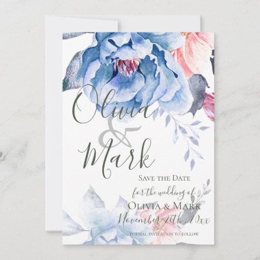 Elegant script | Blauwe Waterverf Floral | Weddens Save The Date (Voorkant)