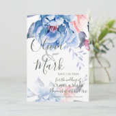Elegant script | Blauwe Waterverf Floral | Weddens Save The Date (Staand voorkant)