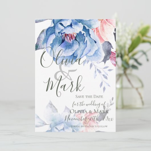 Elegant script | Blauwe Waterverf Floral | Weddens Save The Date (Staand voorkant)