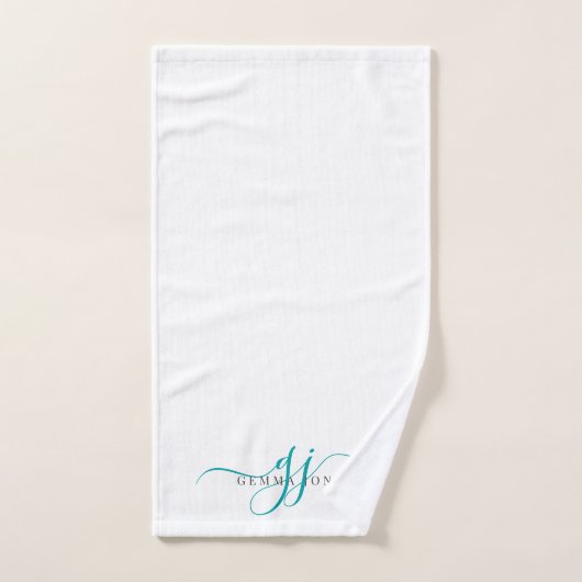 Elegant Script Blauwgroen Monogram Initialen Naam Bad Handdoek (Handdoek)