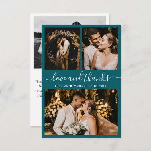 Elegant Script Blauwgroen Photo Collage Hartelijk  Bedankkaart (Voorkant / Achterkant)