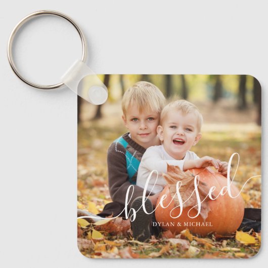 Elegant script "Blessed" aangepaste foto Sleutelhanger (Voorkant)