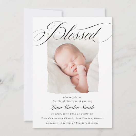 Elegant Script Blessed Christening Baptism Foto I Kaart (Voorkant)