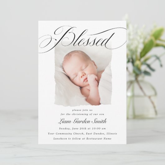 Elegant Script Blessed Christening Baptism Foto I Kaart (Staand voorkant)