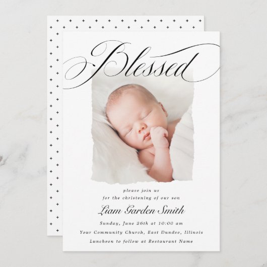 Elegant Script Blessed Christening Baptism Foto I Kaart (Voorkant / Achterkant)