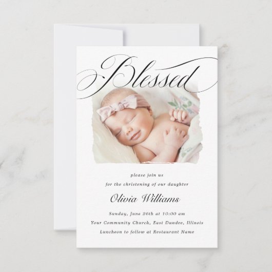 Elegant Script Blessed Christening Baptism Foto I Kaart (Voorkant)