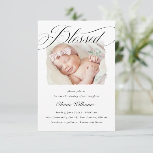Elegant Script Blessed Christening Baptism Foto I Kaart (Staand voorkant)