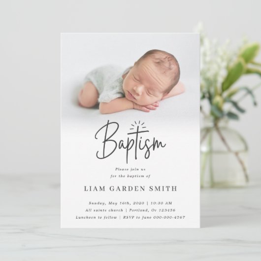 Elegant Script Blessed Christening Baptism Foto Kaart (Staand voorkant)