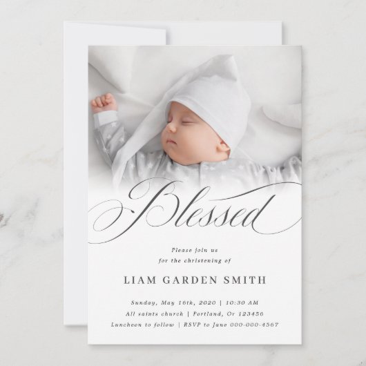Elegant Script Blessed Christening Baptism Foto Kaart (Voorkant)