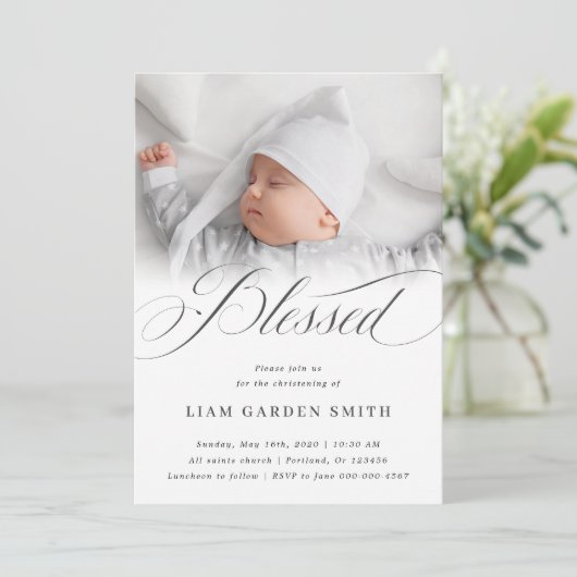 Elegant Script Blessed Christening Baptism Foto Kaart (Staand voorkant)