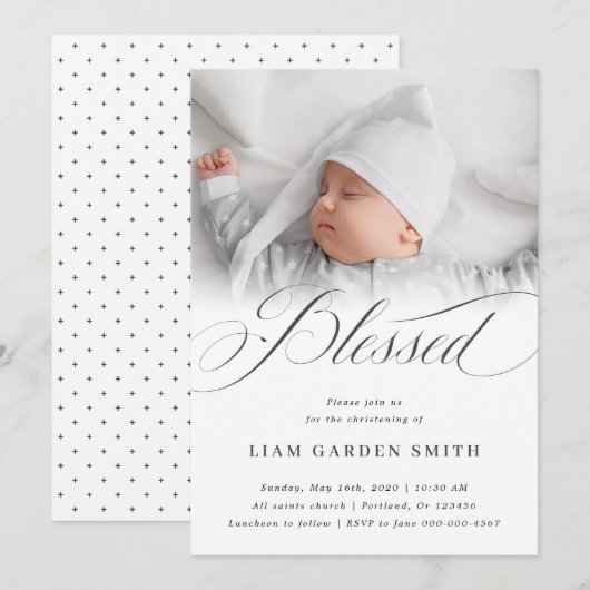 Elegant Script Blessed Christening Baptism Foto Kaart (Voorkant / Achterkant)