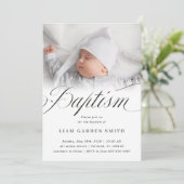 Elegant Script Blessed Christening Baptism Foto Kaart (Staand voorkant)