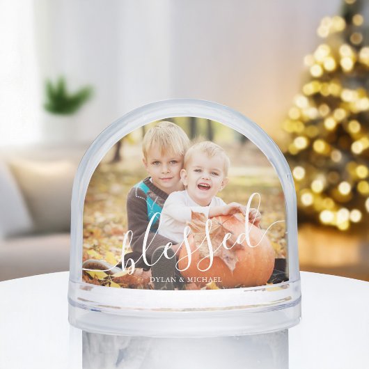 Elegant Script "Blessed" Photo Snow Globe Sneeuwbol