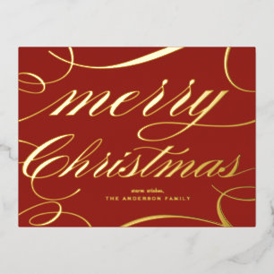 Elegant script bloeien rode vrolijke kerst folie feestdagen briefkaart