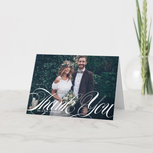 Elegant Script bloeien witte foto bruiloft Bedankkaart (Voorkant)