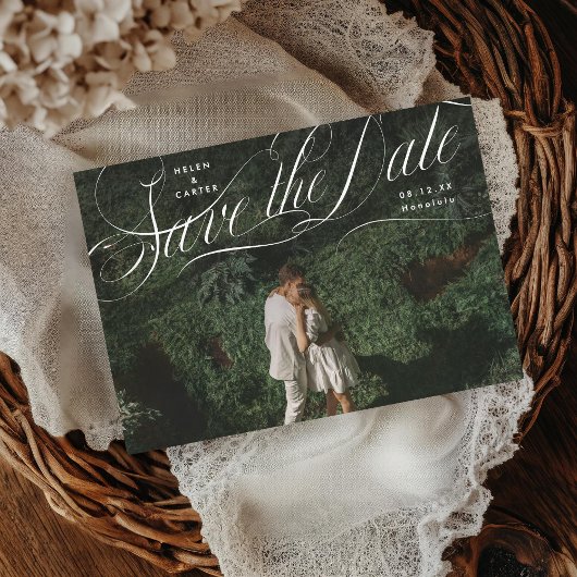 Elegant script bloeiende foto save the date