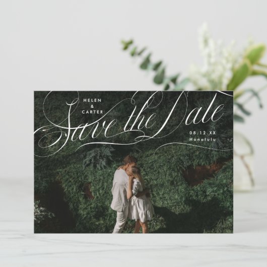 Elegant script bloeiende foto save the date (Staand voorkant)