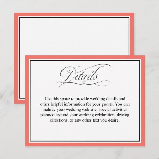 Elegant script bloeit bruiloft details koraal briefkaart (Voorkant / Achterkant)