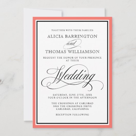 Elegant script bloeit met Coral Border Kaart (Voorkant)