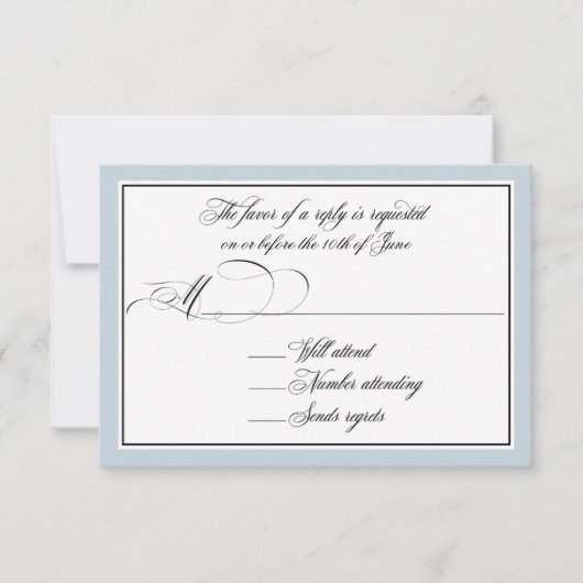 Elegant script bloeit met Dusty Blue Border RSVP Kaartje (Voorkant)