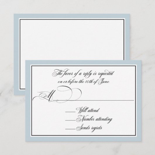 Elegant script bloeit met Dusty Blue Border RSVP Kaartje (Voorkant / Achterkant)